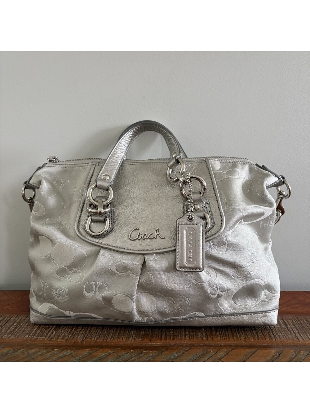 Coach F19970 Signature Butterfly Floral Satchel Silver Leather Trim Shoulder Bag